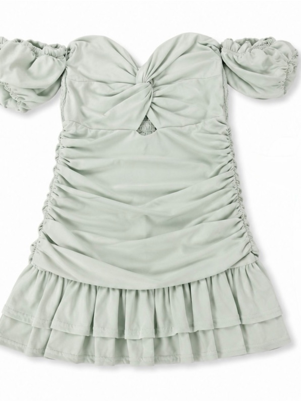 Fashion Nova Sage Green Ruched Off-Shoulder Mini Dress